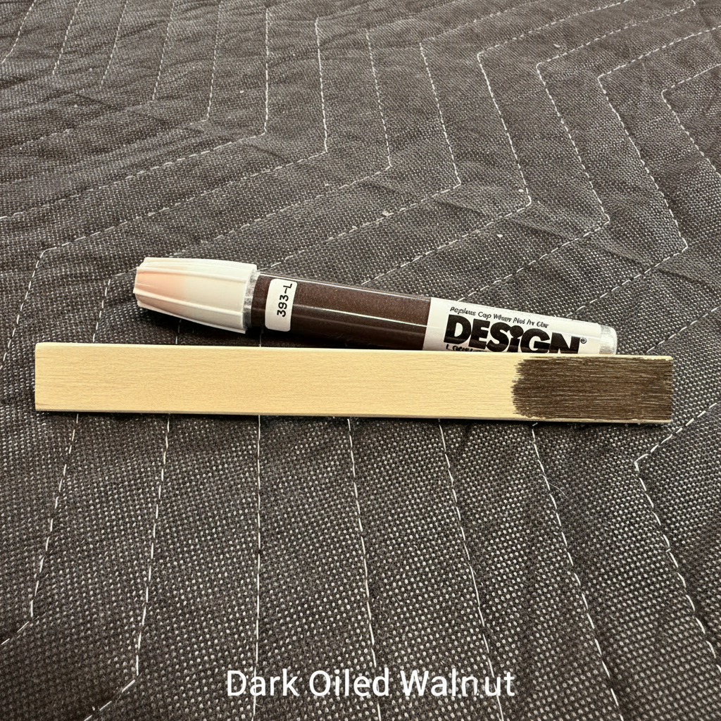 Dark oiled walnut touch up marker with color swatch on wood.
