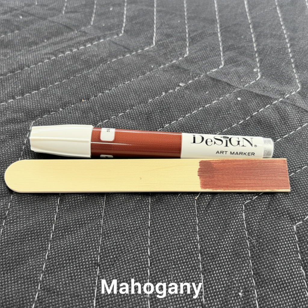 Mahogany touch up marker with color swatch on wood.