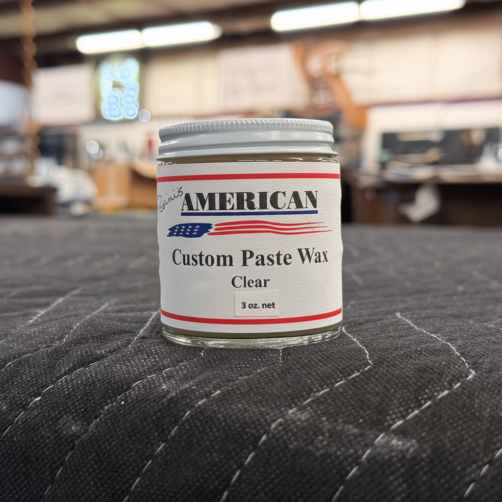 Six ounce jar of Rosini's American Custom Paste Wax on a table in a workshop setting.